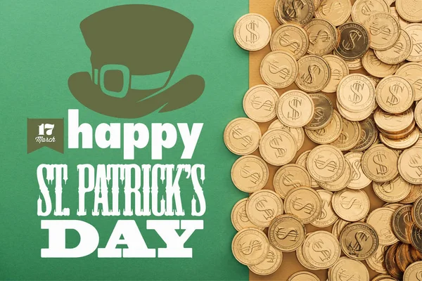 Top view of golden shiny coins near happy st patricks day lettering on green background — Stock Photo