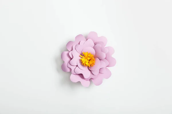 Вид сверху на лиловый бумажный цветок на сером фоне — стоковое фото