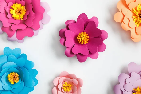 Top view of colorful paper flowers on grey background — Stock Photo