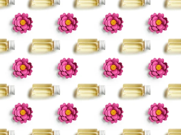 Fleurs en papier rose et bouteilles avec shampooing sur fond blanc, motif sans couture — Photo de stock