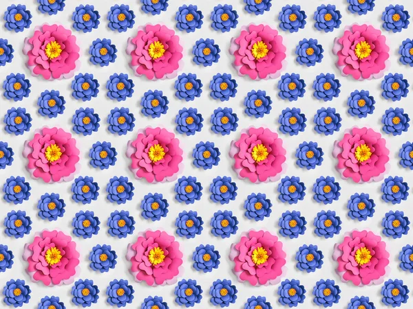 Different pink and blue paper flowers on grey, seamless background pattern — Stock Photo