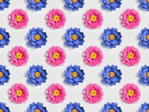 Flores de papel azul y rosa en gris, patrón de fondo sin costuras - foto de stock