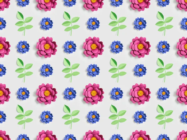 Green plants with pink and blue paper flowers on grey, seamless background pattern — Stock Photo