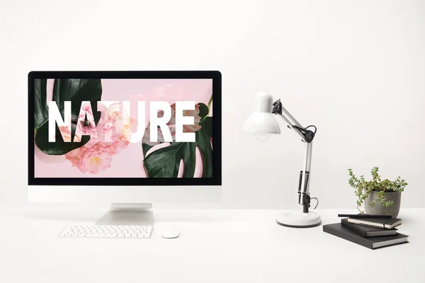 Computador com folhas monstera verdes e rosas com letras natureza no monitor no fundo branco — Fotografia de Stock