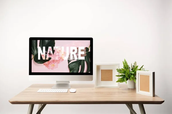 Computer mit grünen Blättern und Naturdarstellung auf Monitor auf Holztisch — Stockfoto