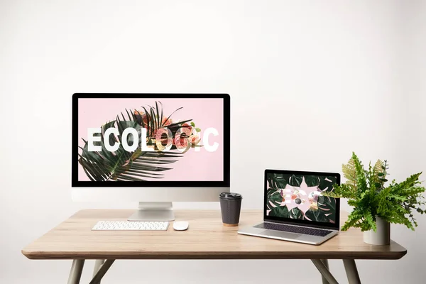 Computer with ecologic illustration on monitor and laptop with monstera leaves and eco lettering on screen on wooden table — Stock Photo