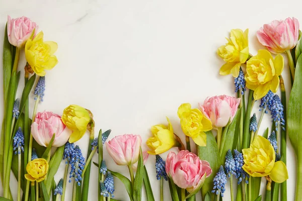 Vue de dessus des tulipes roses fraîches, jacinthes bleues et jonquilles jaunes sur fond blanc avec espace de copie — Photo de stock
