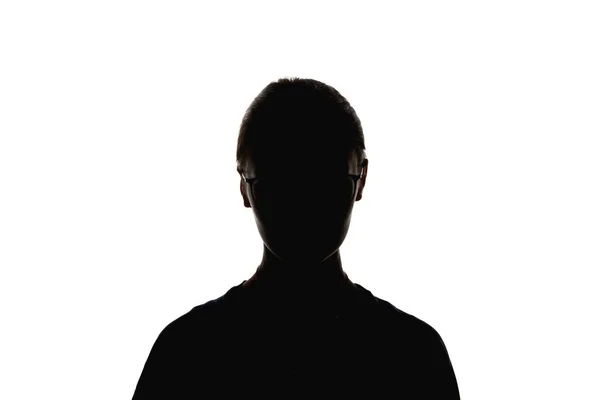 Silhouette einer Frau mit Brille, die isoliert auf weiß in die Kamera blickt — Stockfoto