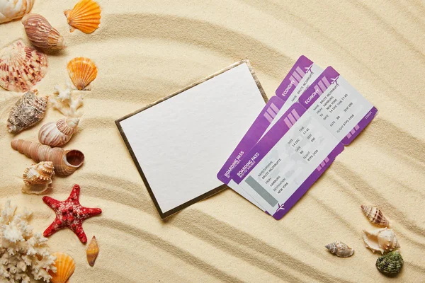Vista superior del cartel en blanco cerca de los billetes de avión y conchas marinas en la playa de arena - foto de stock