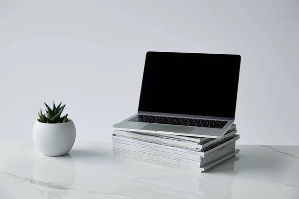 Laptop on stack of journals, and flowerpot isolated on grey — Stock Photo