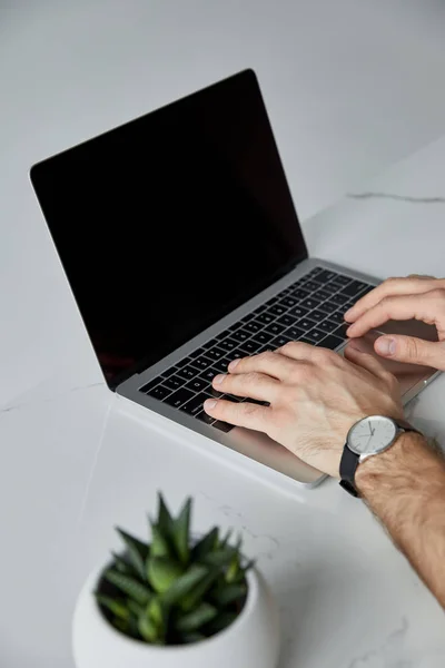 Parcial de vista del hombre usando el ordenador portátil con la pantalla en blanco aislado en gris - foto de stock