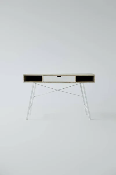 Moderner Tisch mit Regalen auf grauem Hintergrund mit Kopierraum — Stockfoto