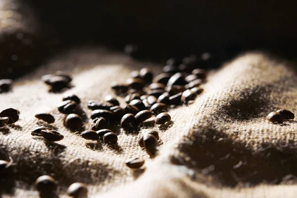 Selective focus of roasted coffee grains on sackcloth texture — Stock Photo