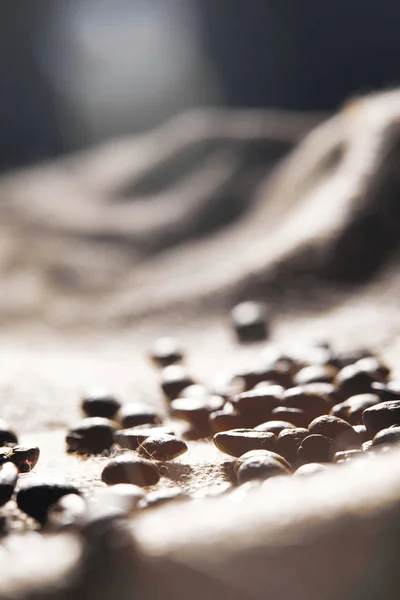 Concentration sélective des grains de café torréfiés sur la texture du sac — Photo de stock