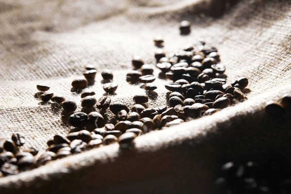 Selective focus of roasted coffee grains on sackcloth texture — Stock Photo