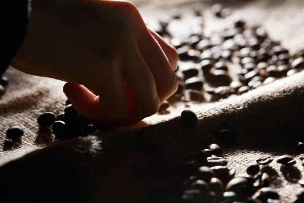 Partial view of woman and coffee grains on sackcloth — Stock Photo