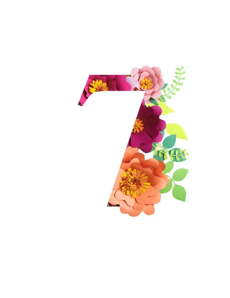 Number 7 with paper cut bright flowers and leaves isolated on white — Stock Photo