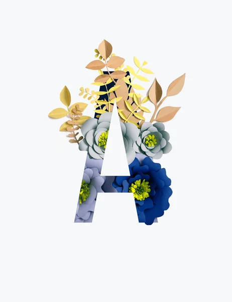 Lettre cyrillique avec fleurs coupées en papier bleu et feuilles beiges isolées sur blanc — Photo de stock