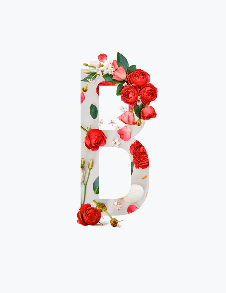 Cyrillic letter with red roses and green leaves isolated on white — Stock Photo