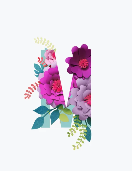 Kyrillische Buchstaben mit rosa und lila Blüten und Blättern auf weißem Papier — Stockfoto