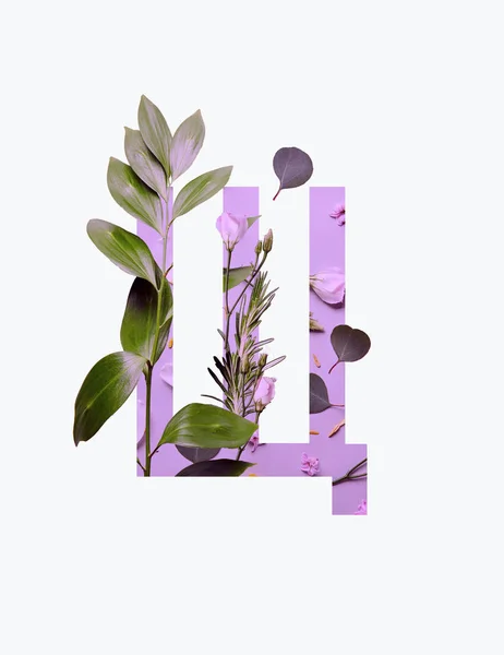 Cyrillic letter with green leaves on light purple background isolated on white — Stock Photo