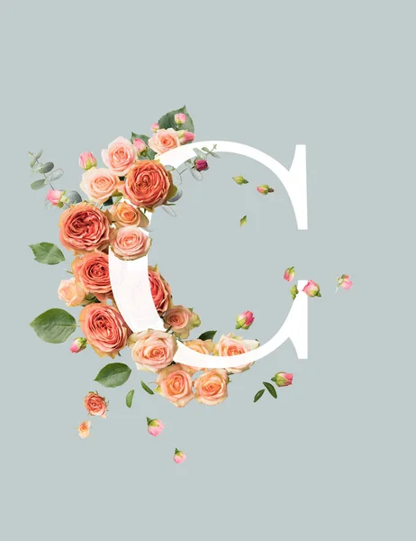 Letra C blanca con rosas beige y hojas verdes aisladas en gris - foto de stock