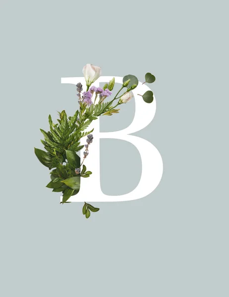 Lettera B bianca con fiori di eustoma e foglie di felce verde isolate su grigio — Foto stock