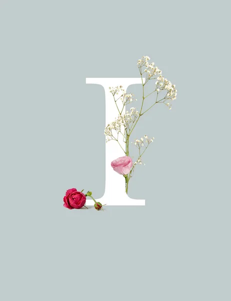 White letter I with buds and wildflowers isolated on grey — Stock Photo