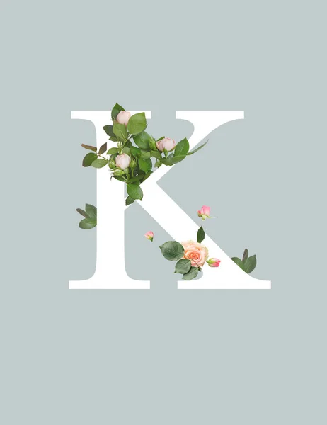 White letter K with roses and green leaves isolated on grey — Stock Photo