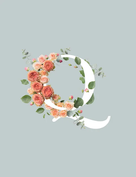 White letter Q with roses and green leaves isolated on grey — Stock Photo