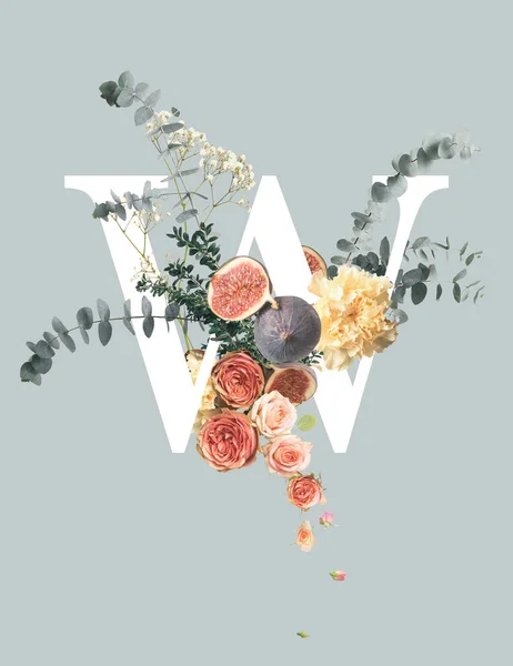 White letter W with roses, figs and green leaves isolated on grey — Stock Photo