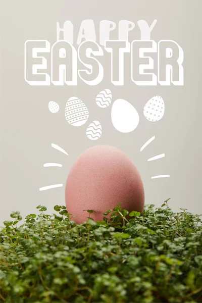 Розовый окрашены куриное яйцо на зеленой траве с счастливой Пасхи надписи на сером фоне — стоковое фото