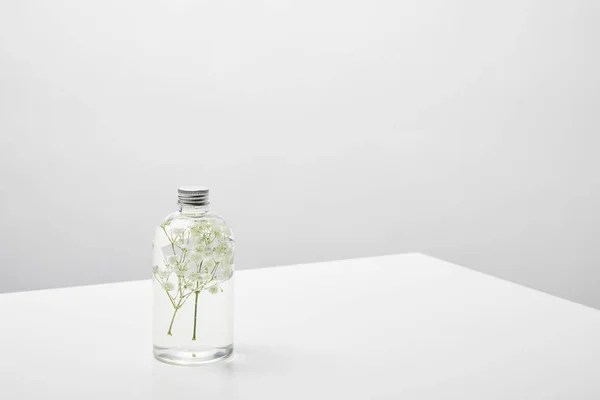 Натуральний продукт краси з білими польовими квітами в прозорій пляшці на сірому фоні — стокове фото