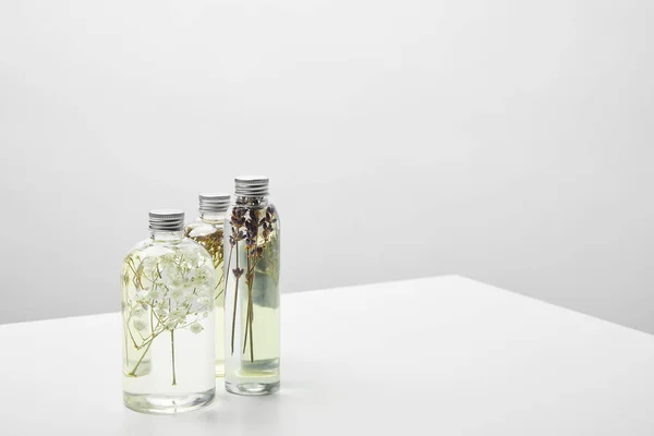 Natural beauty products with wildflowers in transparent bottles on grey background — Stock Photo