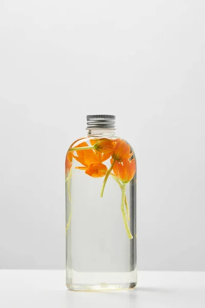 Produto cosmético orgânico em garrafa transparente com flores de laranja sobre mesa branca isolada em cinza — Fotografia de Stock