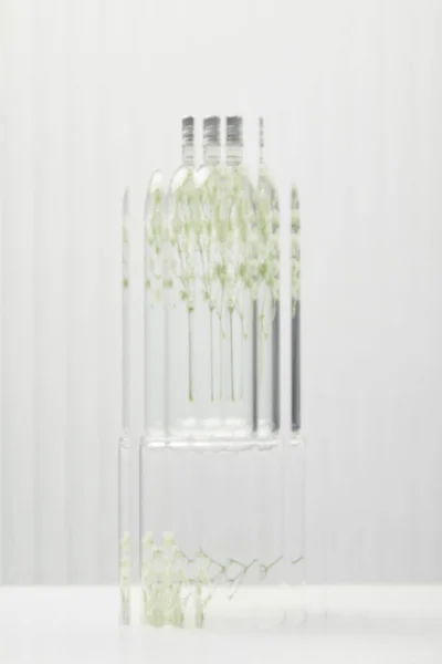 Prodotto cosmetico organico sfocato in bottiglia trasparente con fiori di campo dietro vetro su fondo grigio — Foto stock