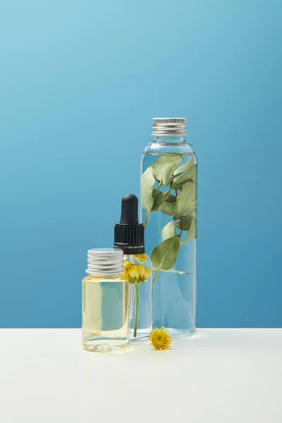 Produtos cosméticos orgânicos com folhas verdes e flores em garrafas transparentes isoladas em azul — Fotografia de Stock