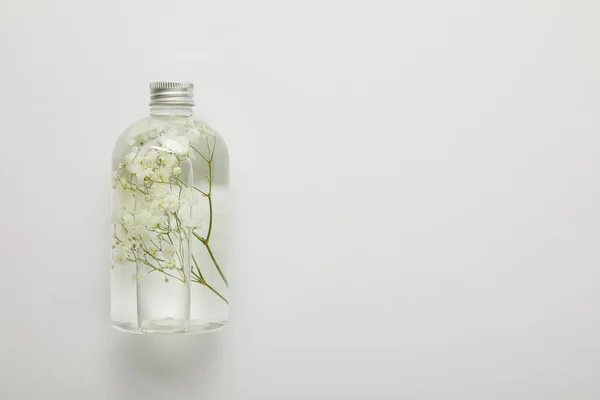Top view of transparent bottle with natural liquid beauty product and dry white wildflowers on grey background — Stock Photo