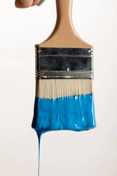 Vista parziale della donna che tiene pennello con vernice blu isolata su bianco — Foto stock