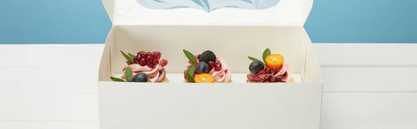 Tiro panorâmico de cupcakes com bagas e frutas em caixa na superfície branca isolada em azul — Fotografia de Stock