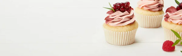 Panoramic shot of sweet cupcakes with garnet on white surface — Stock Photo