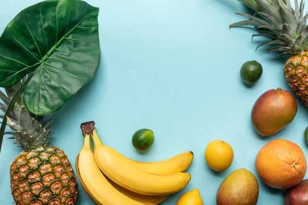 Top view of whole ripe tropical fruits with green leaf on blue background — Stock Photo