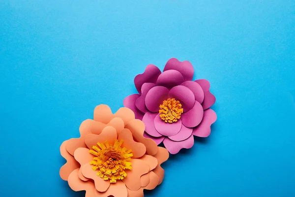 Vue de dessus de fleurs coupées en papier violet et orange coloré sur fond bleu — Photo de stock