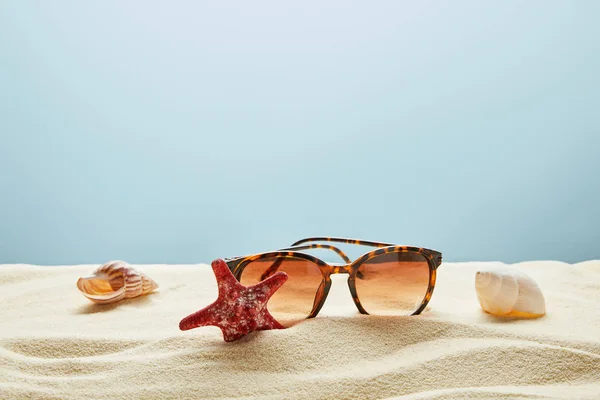 Gafas de sol de estilo marrón sobre arena con conchas marinas y estrellas de mar sobre fondo azul - foto de stock