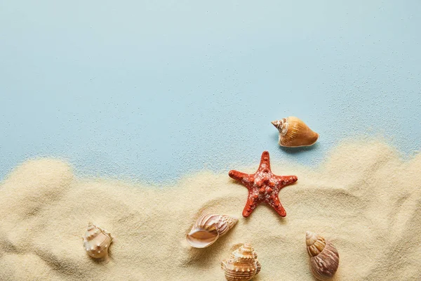 Top view of textured wavy sand with seashells and starfish on blue background with copy space — Stock Photo