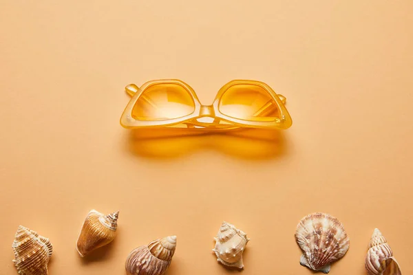 Top view of marine textured seashells and stylish sunglasses on beige background — Stock Photo