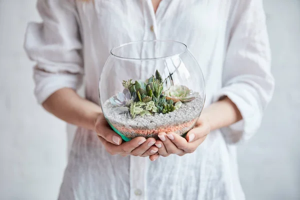 Selective focus of woman in white shirt holding glass aquarium with green exotic succulents — Stock Photo