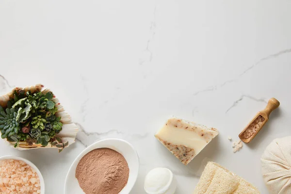 Vue de dessus de la poudre d'argile, bombe de bain, sel de mer et succulent en coquillage sur table en marbre — Photo de stock