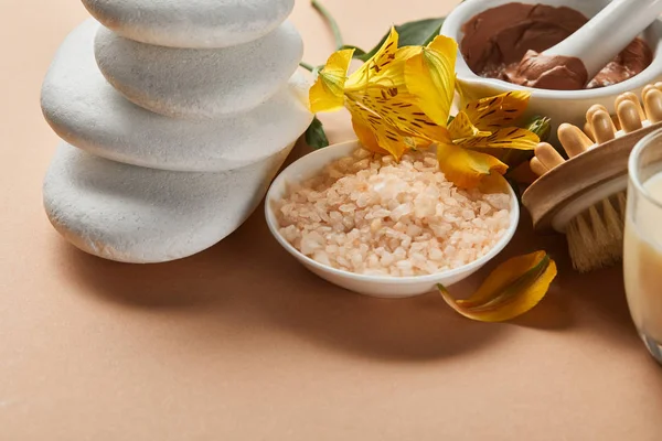 Close up view of sea salt, clay, stones, massage brush and yellow flowers on beige surface — Stock Photo