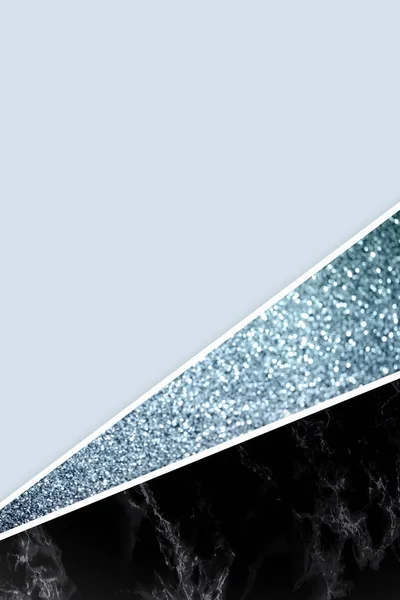 Fond géométrique avec paillettes bleues, marbre noir et couleur bleu clair — Photo de stock